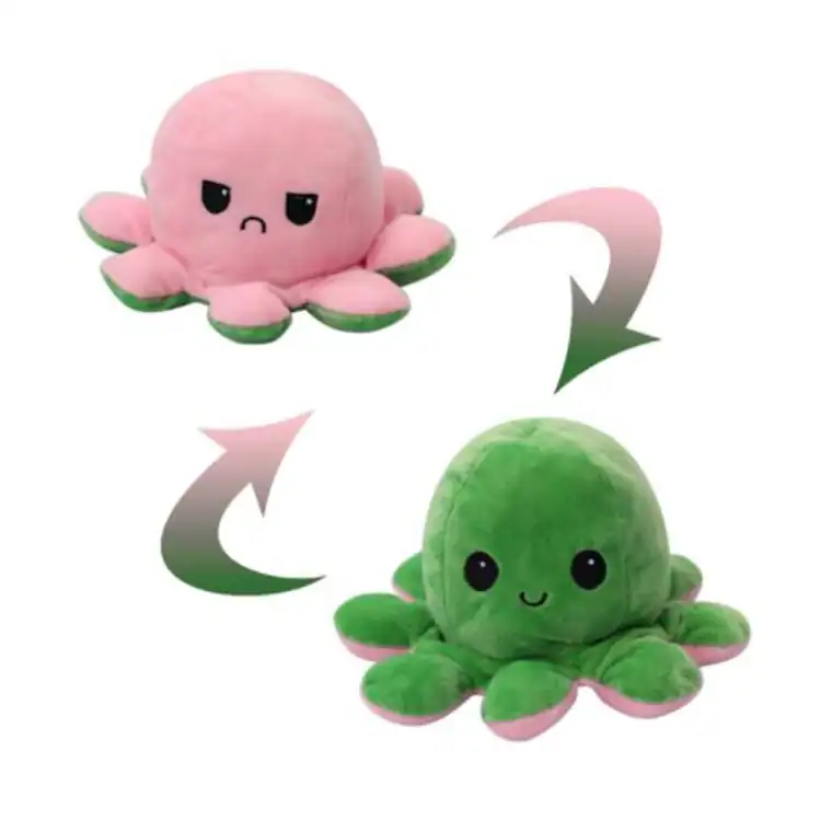Mood Octopus Knuffel Groen Roze - Omkeerbare Emotieknuffel 15 cm