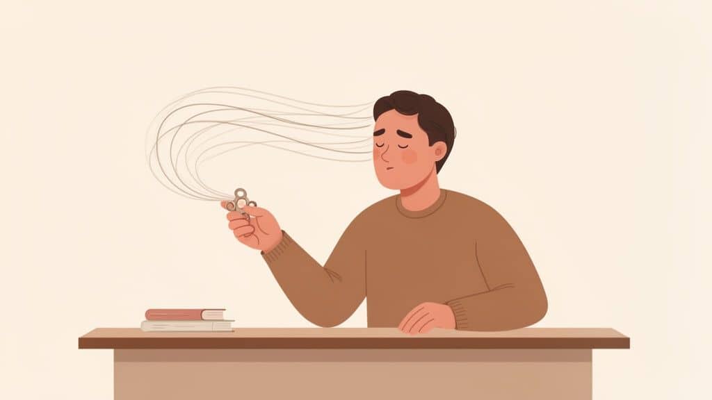 Een man houdt een fidget spinner vast, symboliseert stressvermindering en focus op een bureau met boeken.