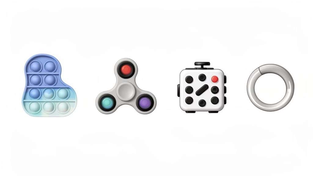 Een afbeelding van vier verschillende anti-stress speelgoed: een pop-it, een fidget spinner, een fidget cube en een metalen ring.