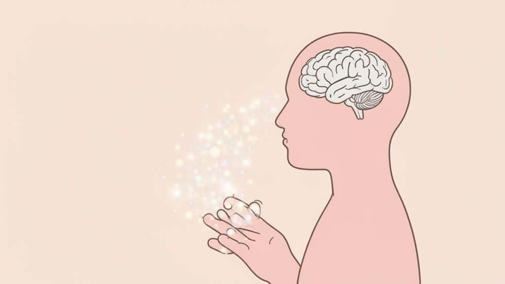 Een profielillustratie van een persoon met een zichtbaar brein en sprankelende gedachten die bij de handen ontstaan.