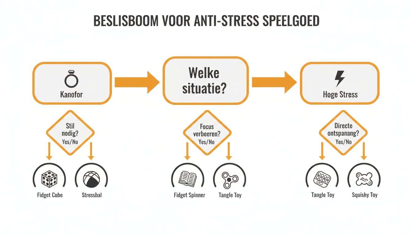 Beslisboom voor anti-stress speelgoed met keuzes voor Kanofor, Focus en Stressvermindering, leidend tot diverse speeltjes.