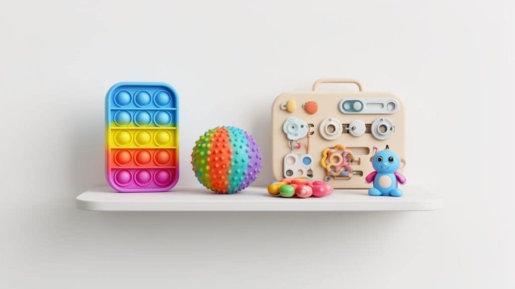 Een witte plank met kleurrijk educatief speelgoed: een pop-it, sensorische bal, busy board en een klein speeltje.