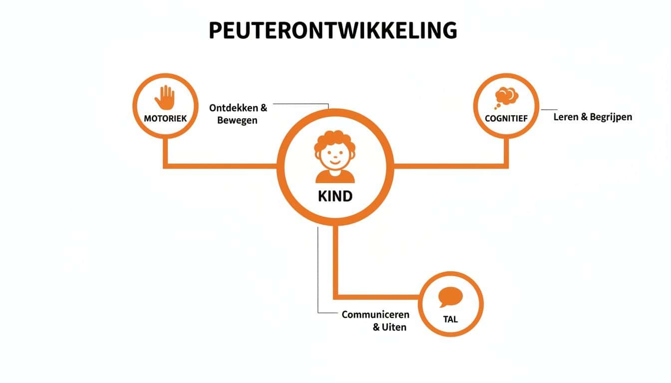 Een afbeelding die de verbindingen toont tussen motorische, cognitieve en taalontwikkeling bij peuters, gericht op ontdekken, leren en communiceren.