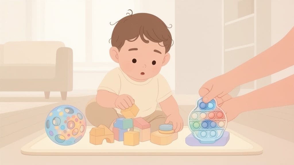 Een baby zit op de grond en speelt met kleurrijke bouwblokken en een pop-it speelgoed.