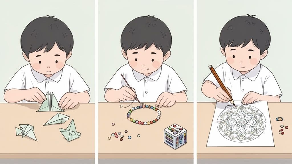 Een jongen doet drie fijne motoriek oefeningen: origami vouwen, kralen rijgen en een mandala kleuren.