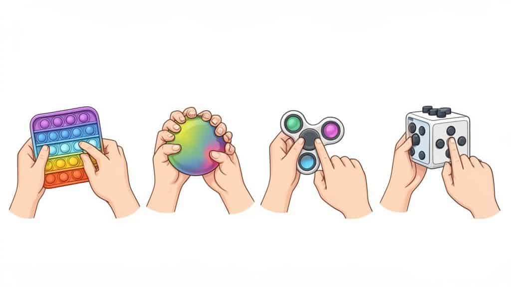 Illustratie van handen die verschillende friemelspeeltjes gebruiken, zoals een pop-it, stressbal, fidget spinner en fidget cube.