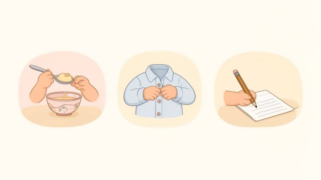 Drie illustraties van kinderhanden die fijne motoriek oefeningen doen: eten met lepel, knopen en schrijven.