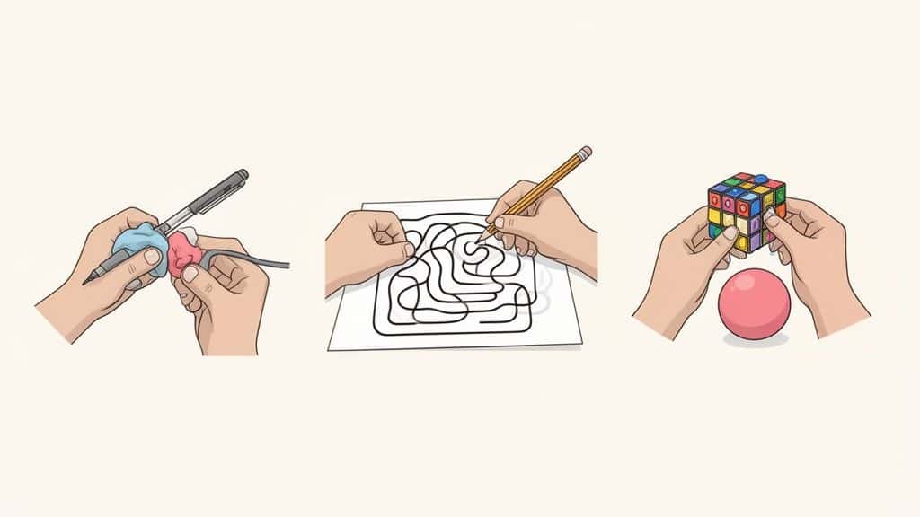 Illustratie van drie oefeningen voor fijne motoriek: schrijven, een doolhof oplossen en een Rubik's kubus vasthouden.