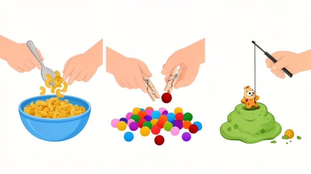 Drie afbeeldingen tonen kinderen die fijne motoriek oefenen: macaroni scheppen, balletjes met wasknijpers oppakken en een speeltje vissen.