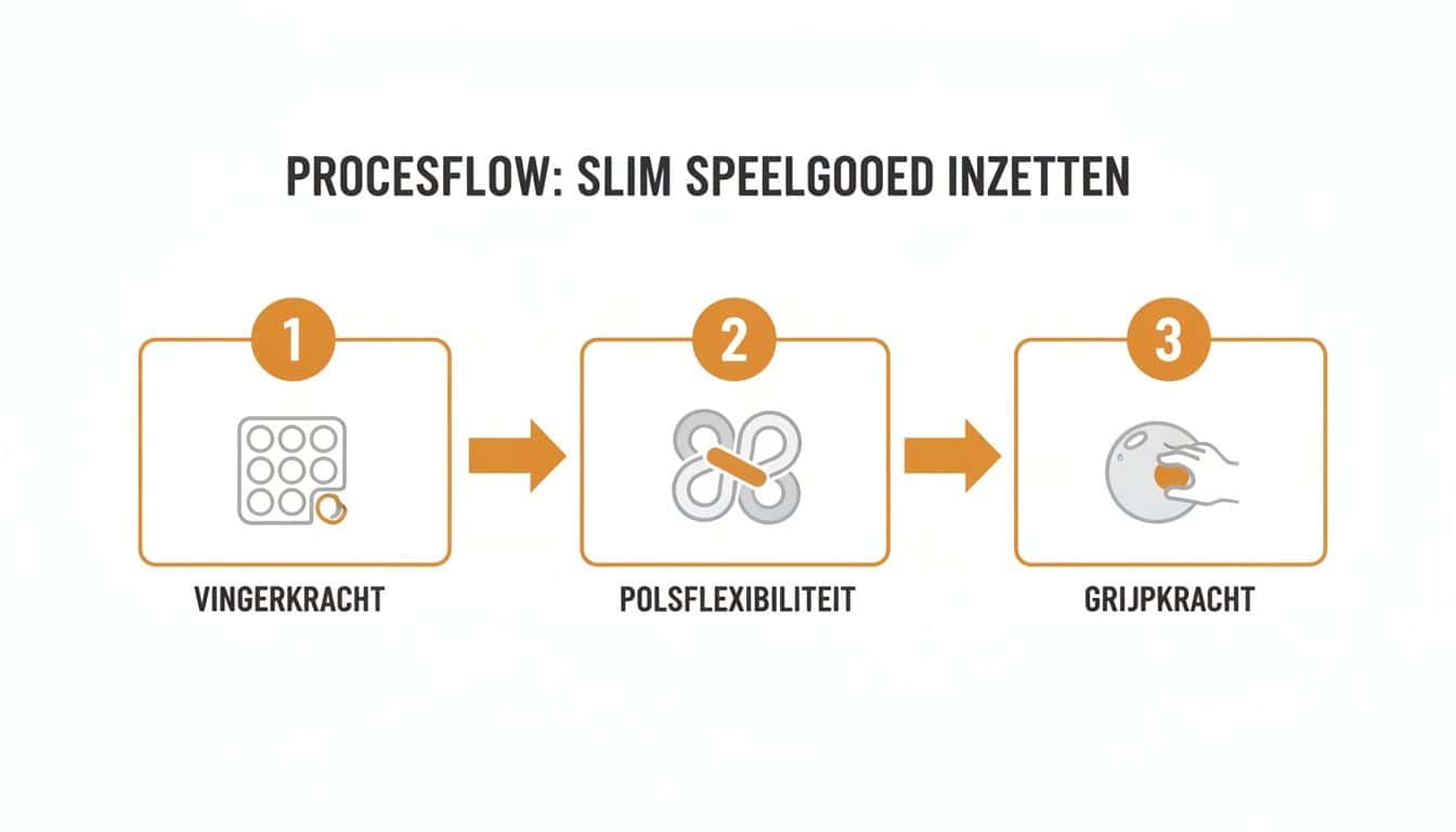 Procesflow van slim speelgoed dat vingerkracht, polsfexibiliteit en grijpkracht stimuleert in drie stappen.