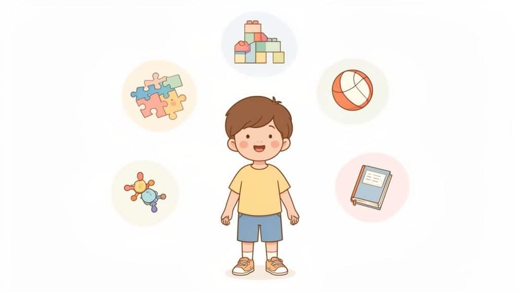 Een vrolijke jongen staat tussen diverse speeltjes zoals bouwblokken, een puzzel, een basketbal en een boek.