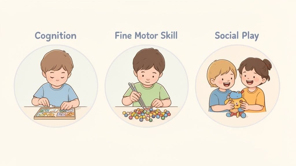 Drie illustraties van kinderen die bezig zijn met ontwikkeling: puzzelen, kralen oppakken en samen spelen.