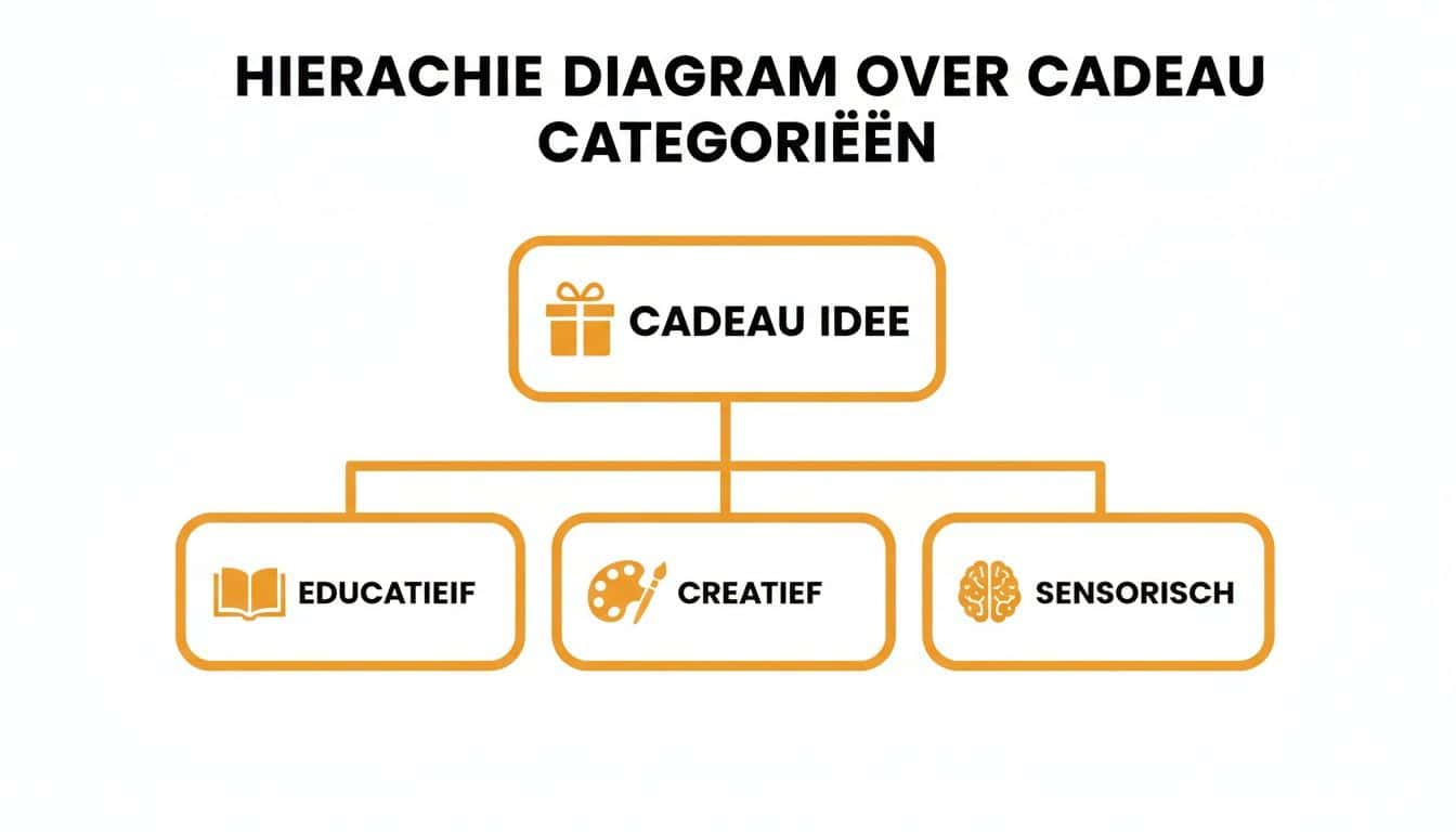 Hierarchiediagram toont cadeau-ideeën verdeeld in educatieve, creatieve en sensorische categorieën.