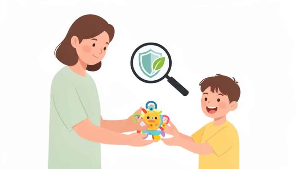 Vrouw geeft lachend kind een kleurrijk en veilig speeltje, met een symbool voor duurzaamheid en kwaliteitscontrole.