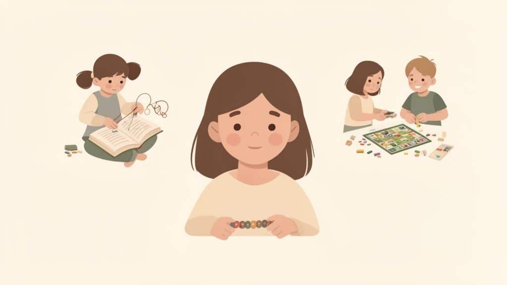 Een illustratie van kinderen die zich bezighouden met creatieve en educatieve activiteiten, zoals lezen, kralen rijgen en bordspellen spelen.