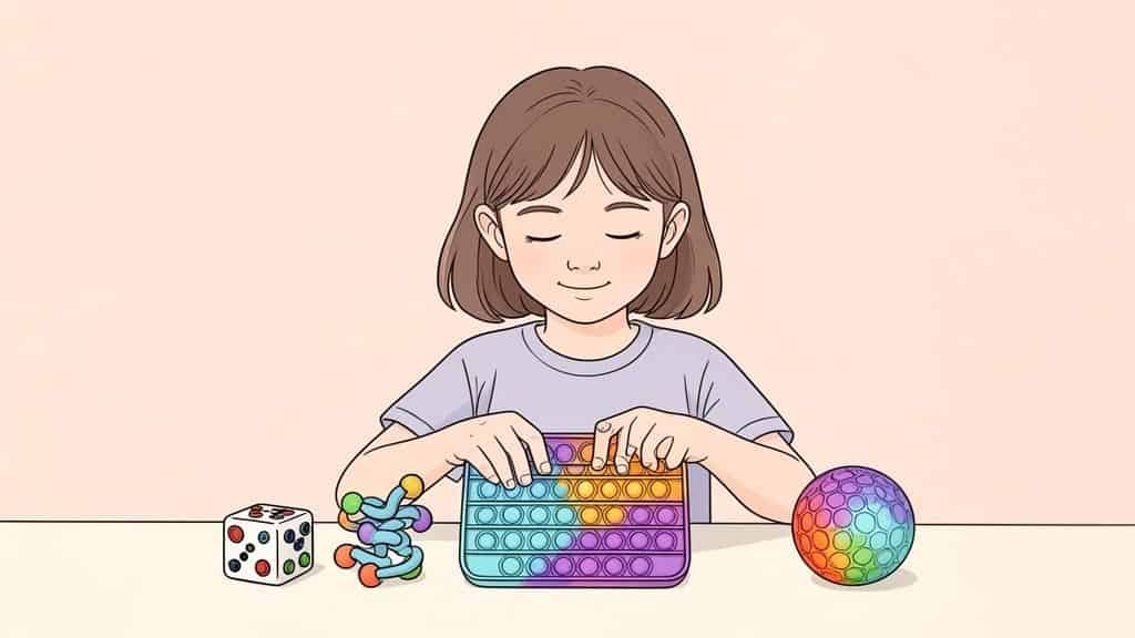 Meisje met gesloten ogen speelt geconcentreerd met diverse fidget speeltjes, waaronder een pop-it en een regenboogbal.