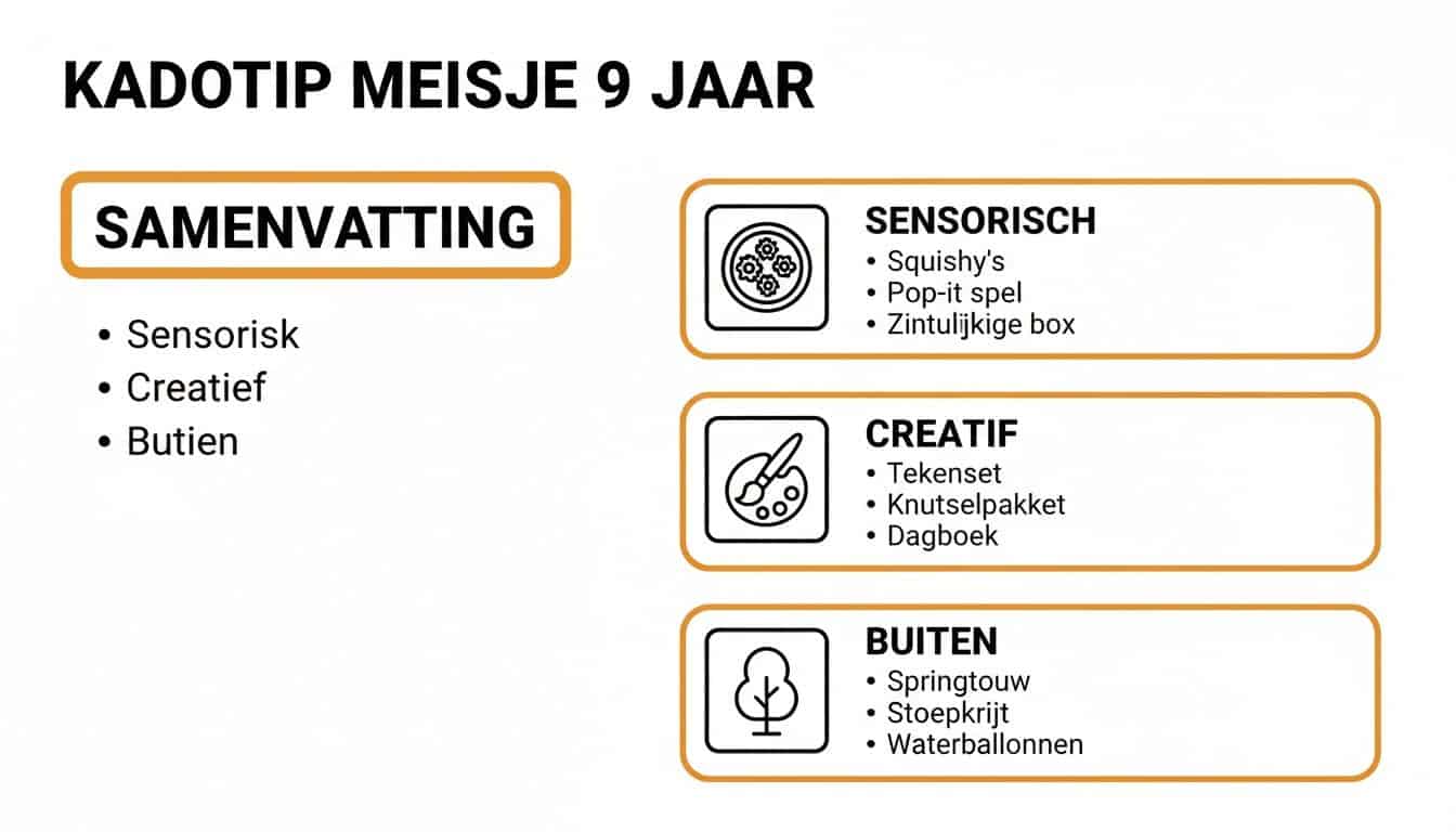 Overzicht van kadotips voor een meisje van 9 jaar, onderverdeeld in sensorisch, creatief en buiten spelen.