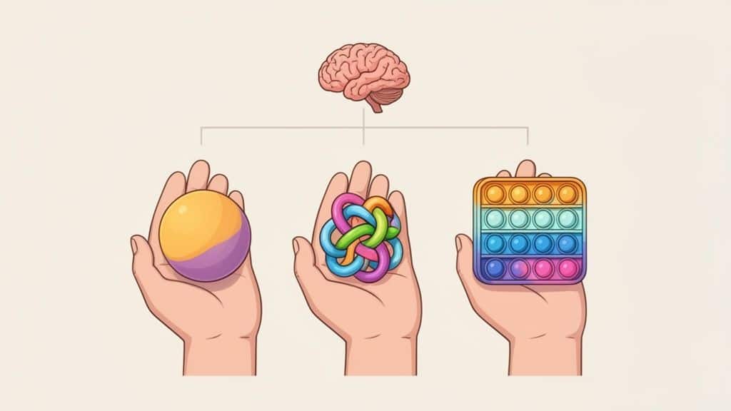 Een brein bovenaan met lijnen naar drie handen die een stressbal, een tangle en een pop-it vasthouden, wat duidt op sensorische regulatie.
