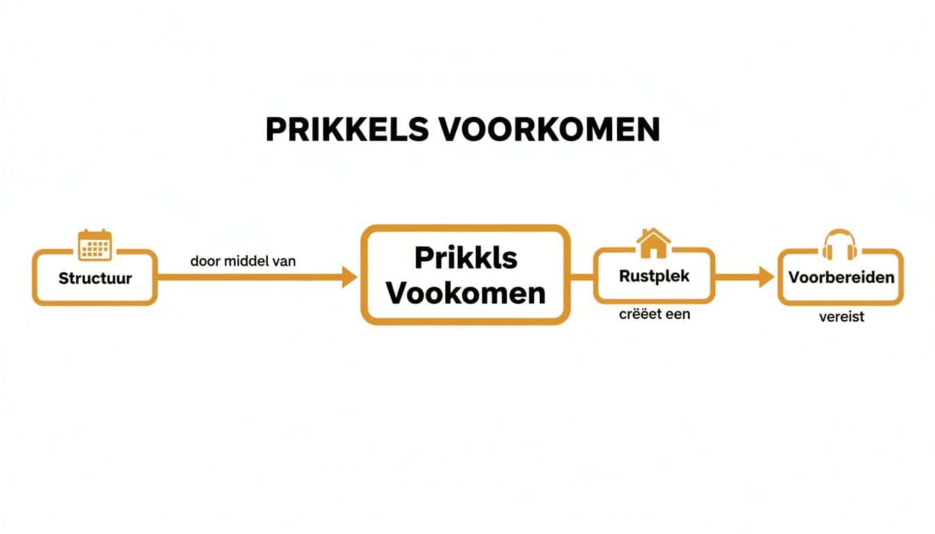 Een flowchart die het voorkomen van prikkels beschrijft: Structuur helpt prikkels voorkomen, wat een rustplek creëert en voorbereiding vereist.