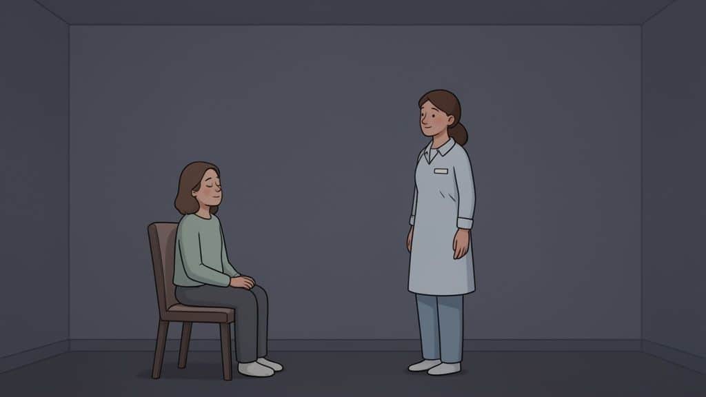 Illustratie van een vrouw die rustig op een stoel zit met gesloten ogen, terwijl een zorgverlener vriendelijk toekijkt in een kamer.