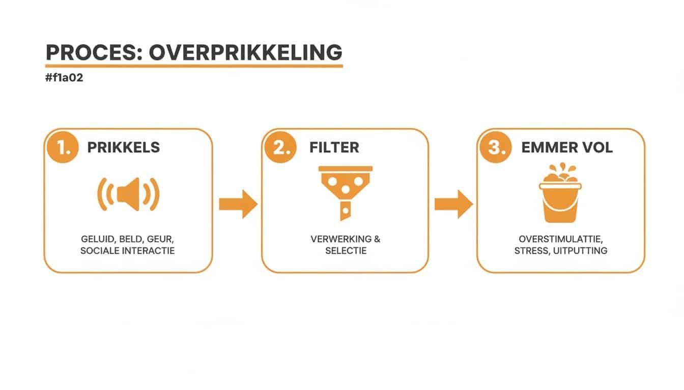 Een infographic in drie stappen die het proces van overprikkeling illustreert, van prikkels tot uitputting.