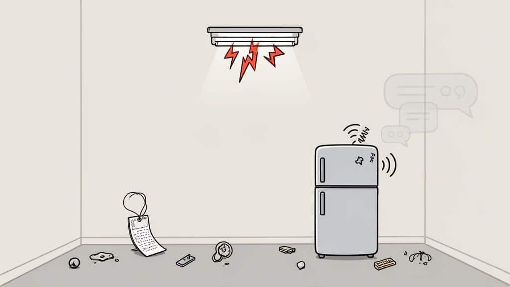 Illustratie van een kamer met storing, een zoemende koelkast, vallend licht en rondslingerende voorwerpen, symboliseert overprikkeling.