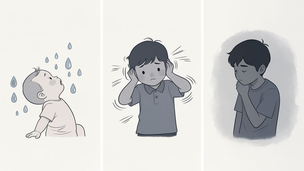 Drie illustraties: een baby kijkt naar regendruppels, een kind houdt oren dicht bij geluid, en een kind kijkt bedroefd.