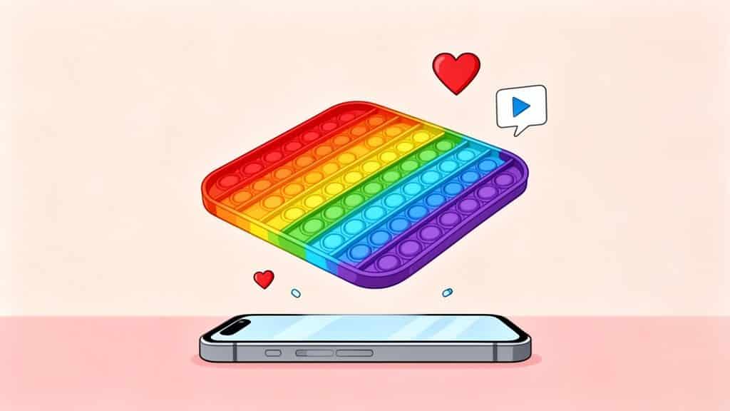 Een kleurrijk regenboog pop-it spelletje zweeft boven een smartphone met sociale media iconen.