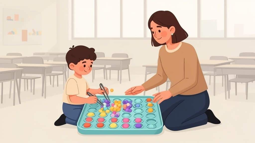 Een lerares en een jongen spelen met een pop-it spel en sorteerkralen op de vloer in een klaslokaal.