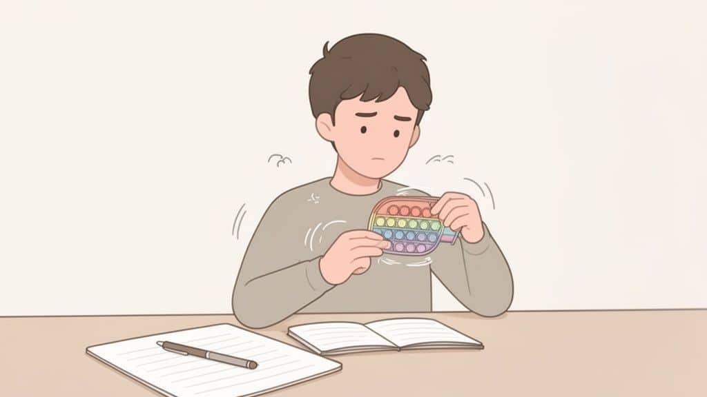 Een jonge jongen zit aan een bureau, fidgetend met een kleurrijk pop-it speeltje, met een zorgelijke uitdrukking.