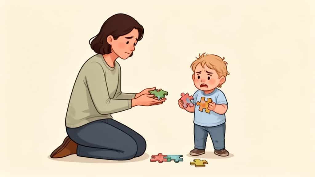 Een meelevende vrouw knielt en biedt een puzzelstukje aan een verdrietige peuter die ook een puzzelstuk vasthoudt, met meer stukjes op de grond.
