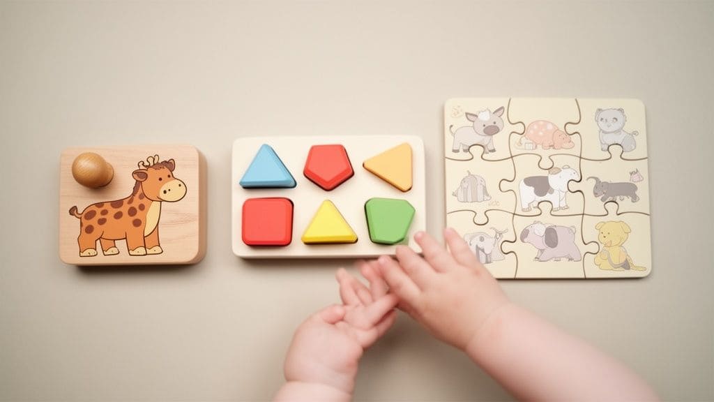 Babyhandjes grijpen naar kleurrijke houten puzzels met dieren en vormen op een lichte achtergrond.