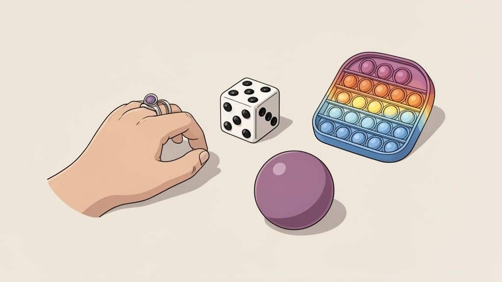 Een hand met ringen, een dobbelsteen, een pop-it en een paarse bal, mogelijk als hulpmiddelen om te stoppen met nagelbijten.