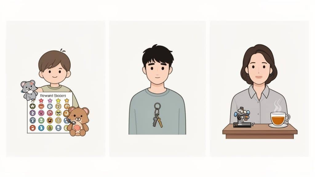 Drie illustraties van mensen: een kind met beloningsstickers, een man met sleutels en een vrouw met thee.