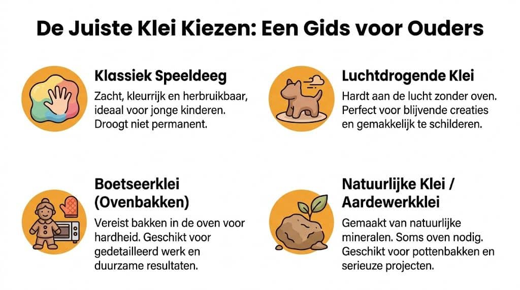 Een informatieve gids voor ouders over de verschillende soorten klei voor kinderen, inclusief eigenschappen en gebruikstips.