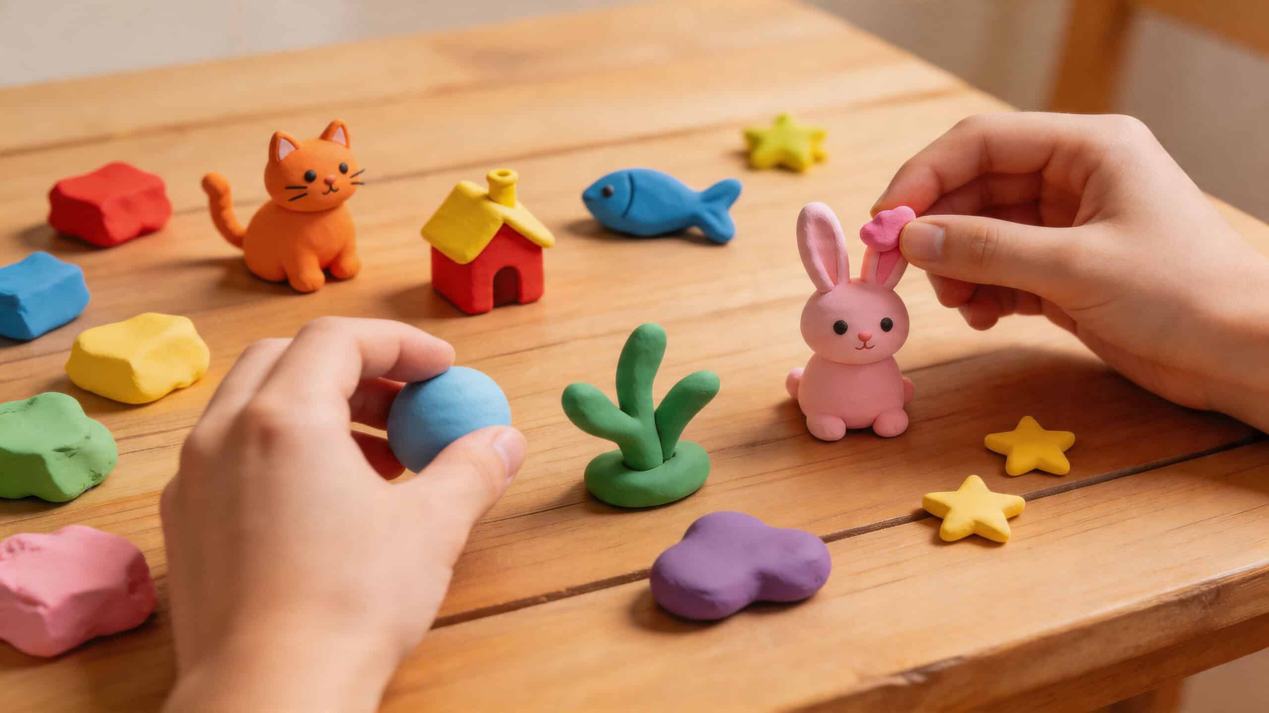 Een persoon die met kleurrijke kleifiguren speelt op een houten tafel, inclusief een konijn, kat en huisje.