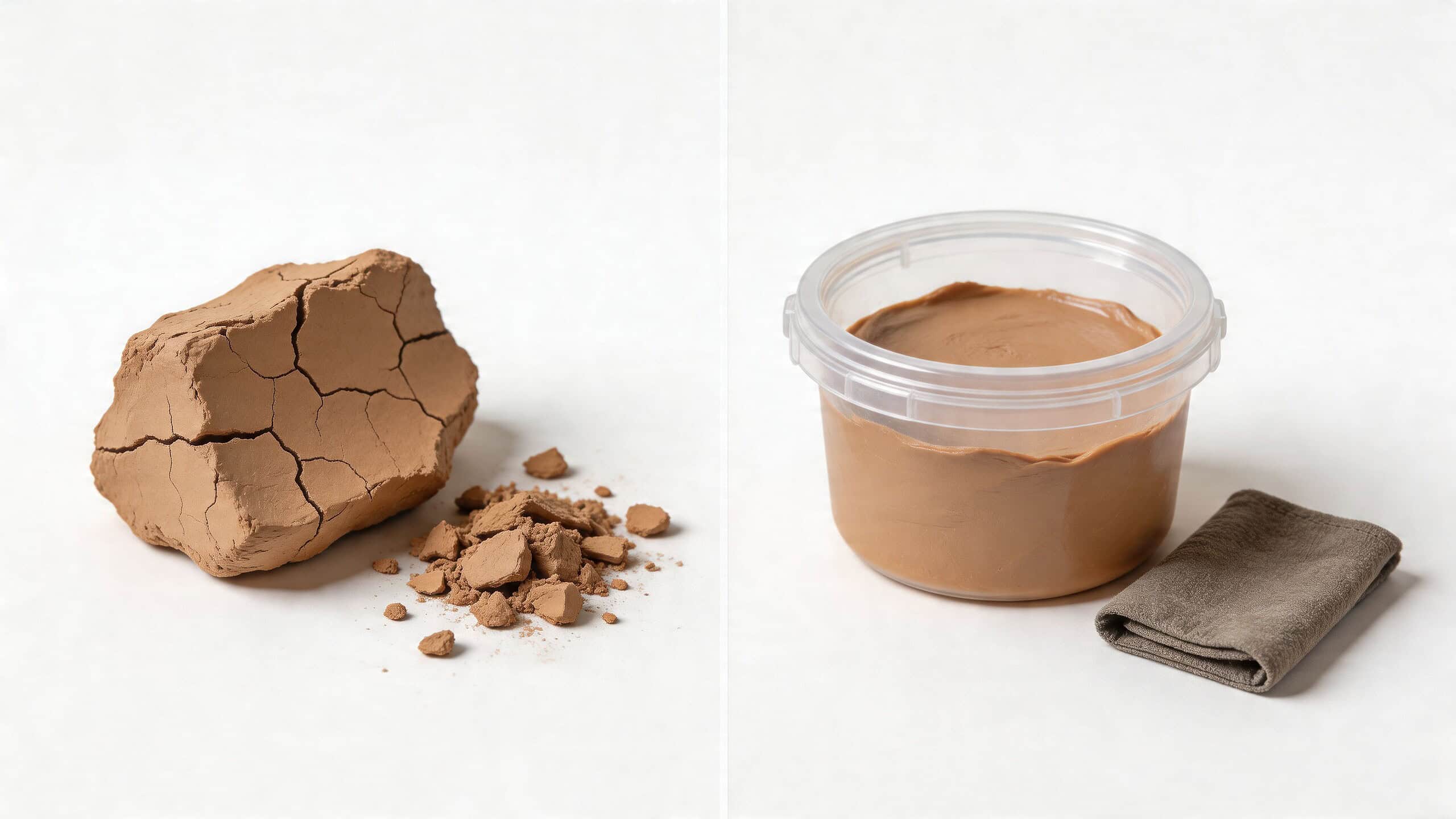 Een droge klomp natuurlijke klei naast een bakje met zachte, kant-en-klare kneedbare klei en een doekje.