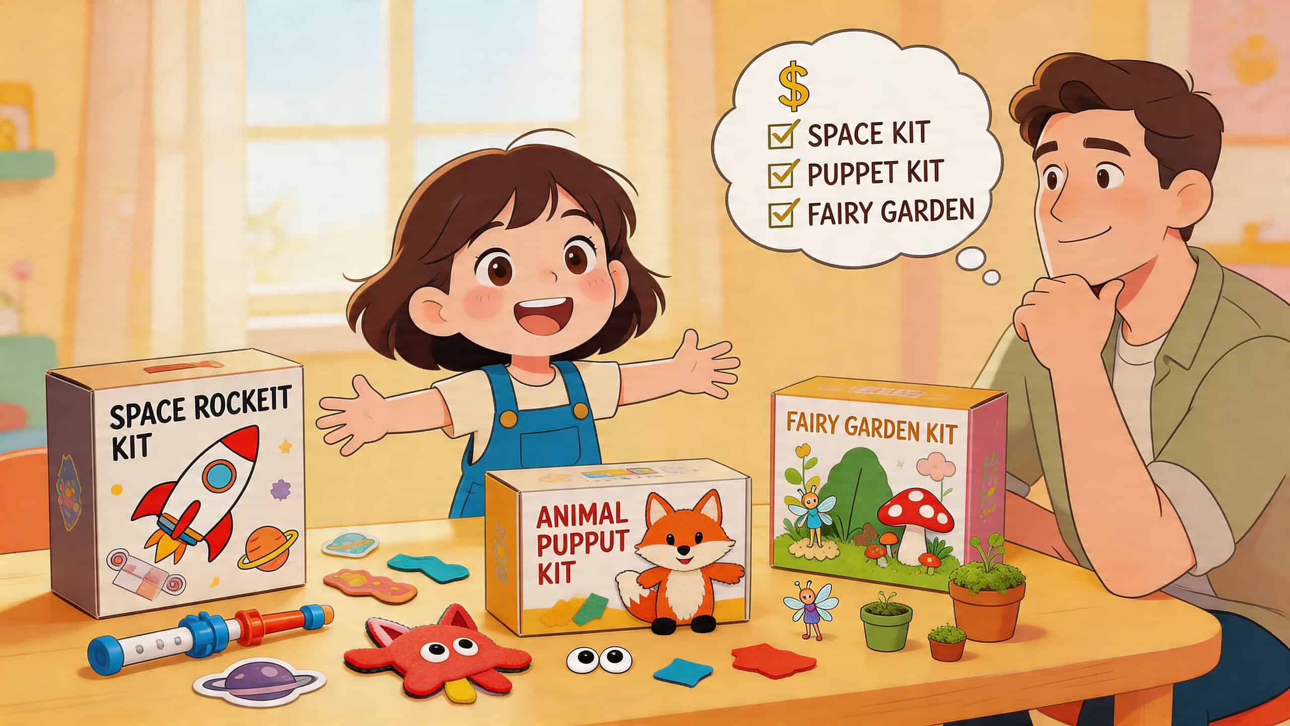 Een vrolijk meisje en een man kijken naar verschillende creatieve knutselpakketten op een houten tafel.