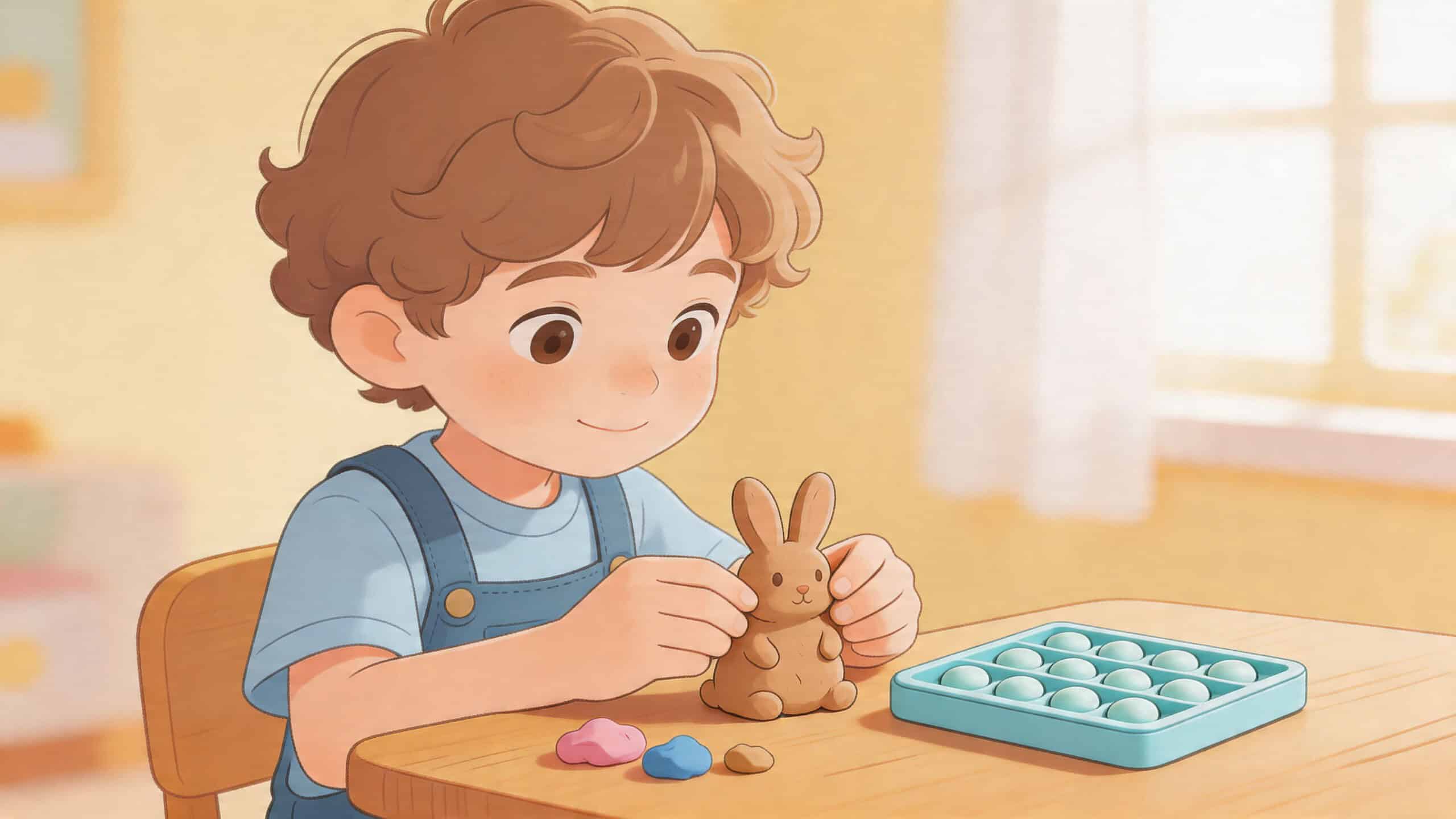 Een schattig kindje dat aan een houten tafel zit en met boetseerklei een konijntje maakt.