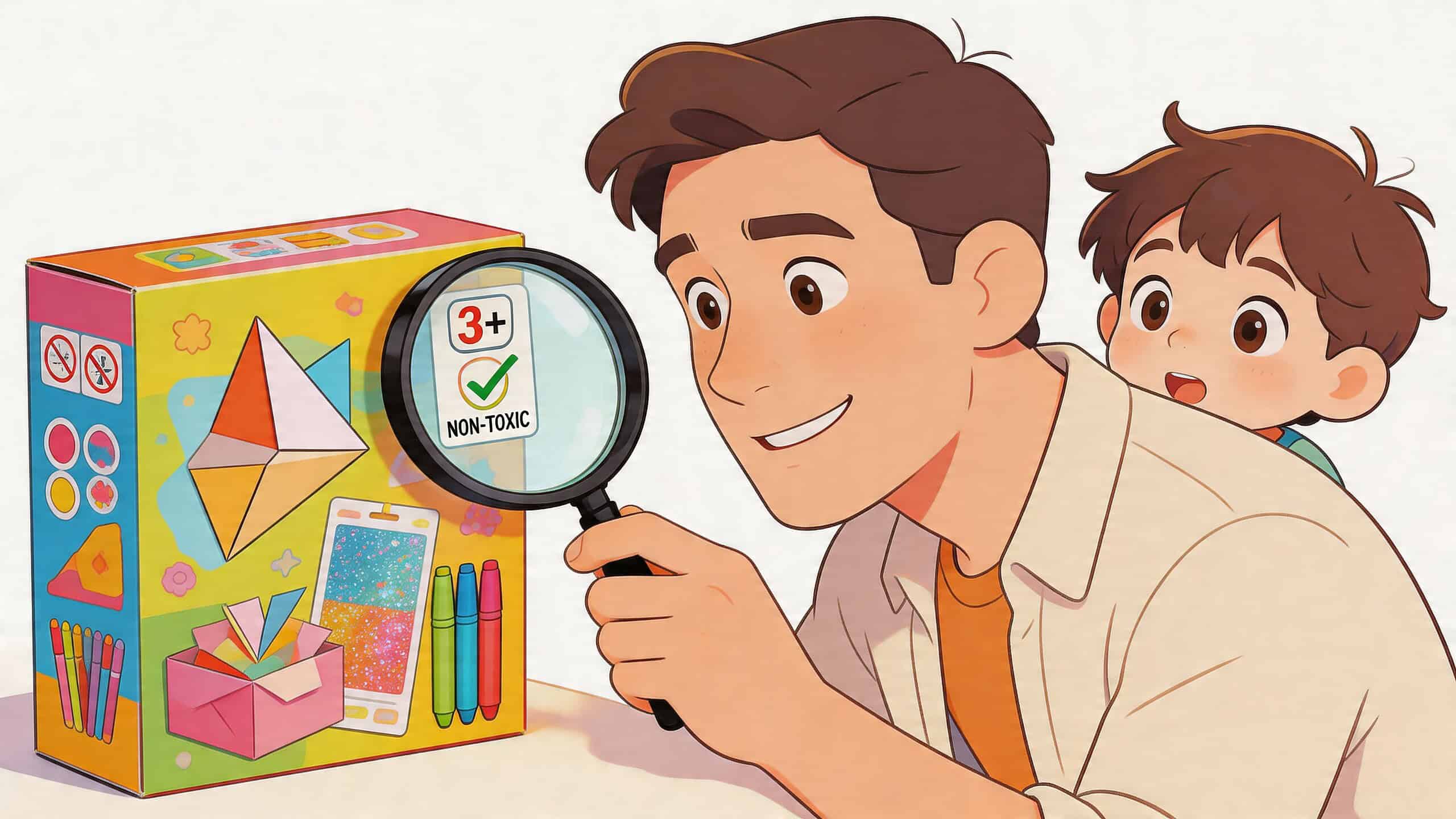 Een vader en zijn zoontje bekijken aandachtig de verpakking van een kleurrijk knutselpakket voor kinderen met een vergrootglas.