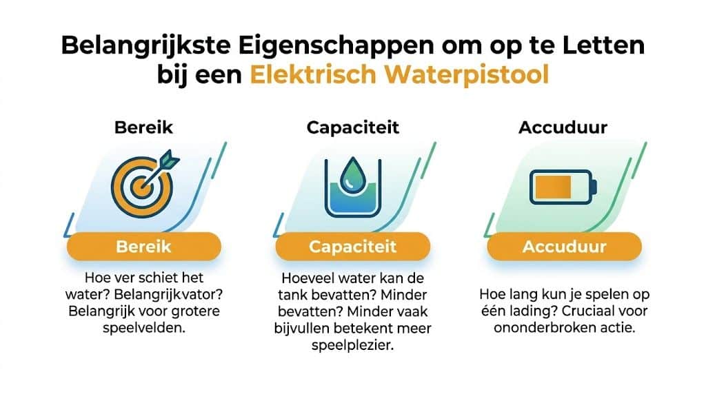 Een overzicht van de belangrijkste eigenschappen om op te letten bij het kiezen van een elektrisch waterpistool.