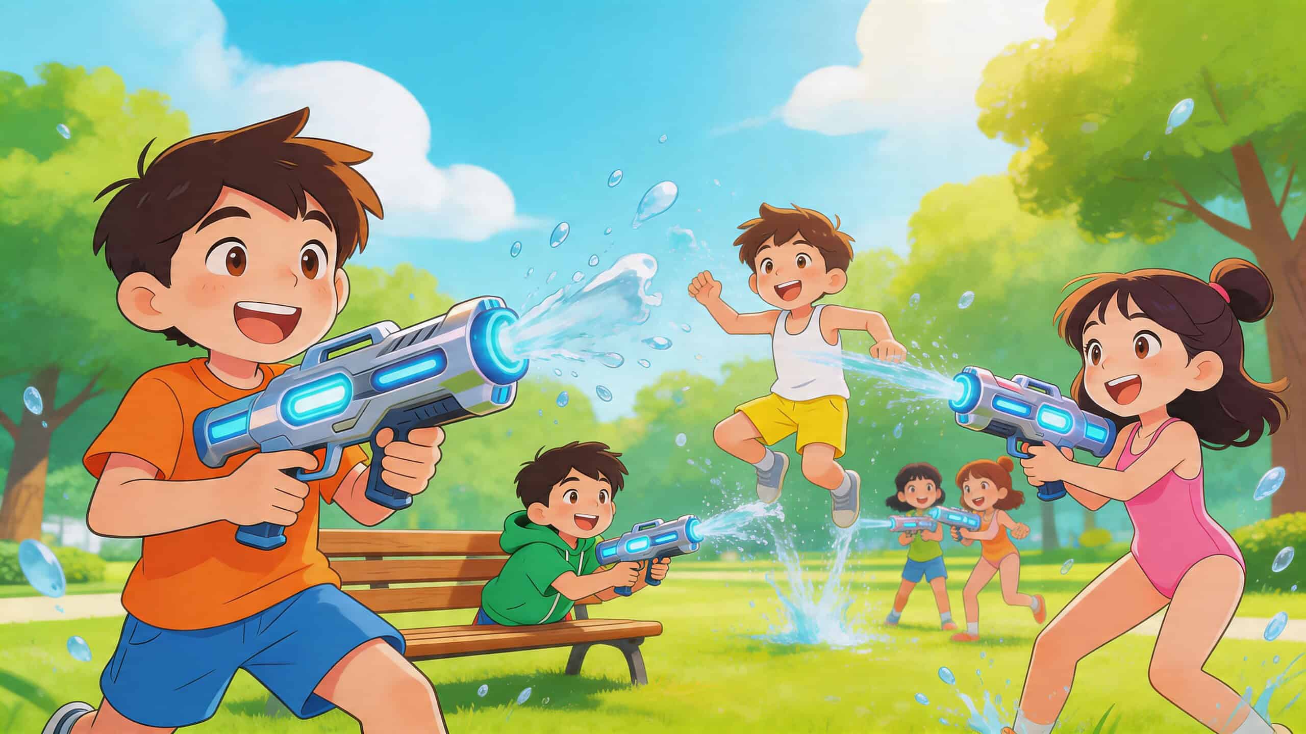 Een groep vrolijke kinderen speelt in het park met moderne, blauwe elektrische waterpistolen tijdens een zonnige dag.