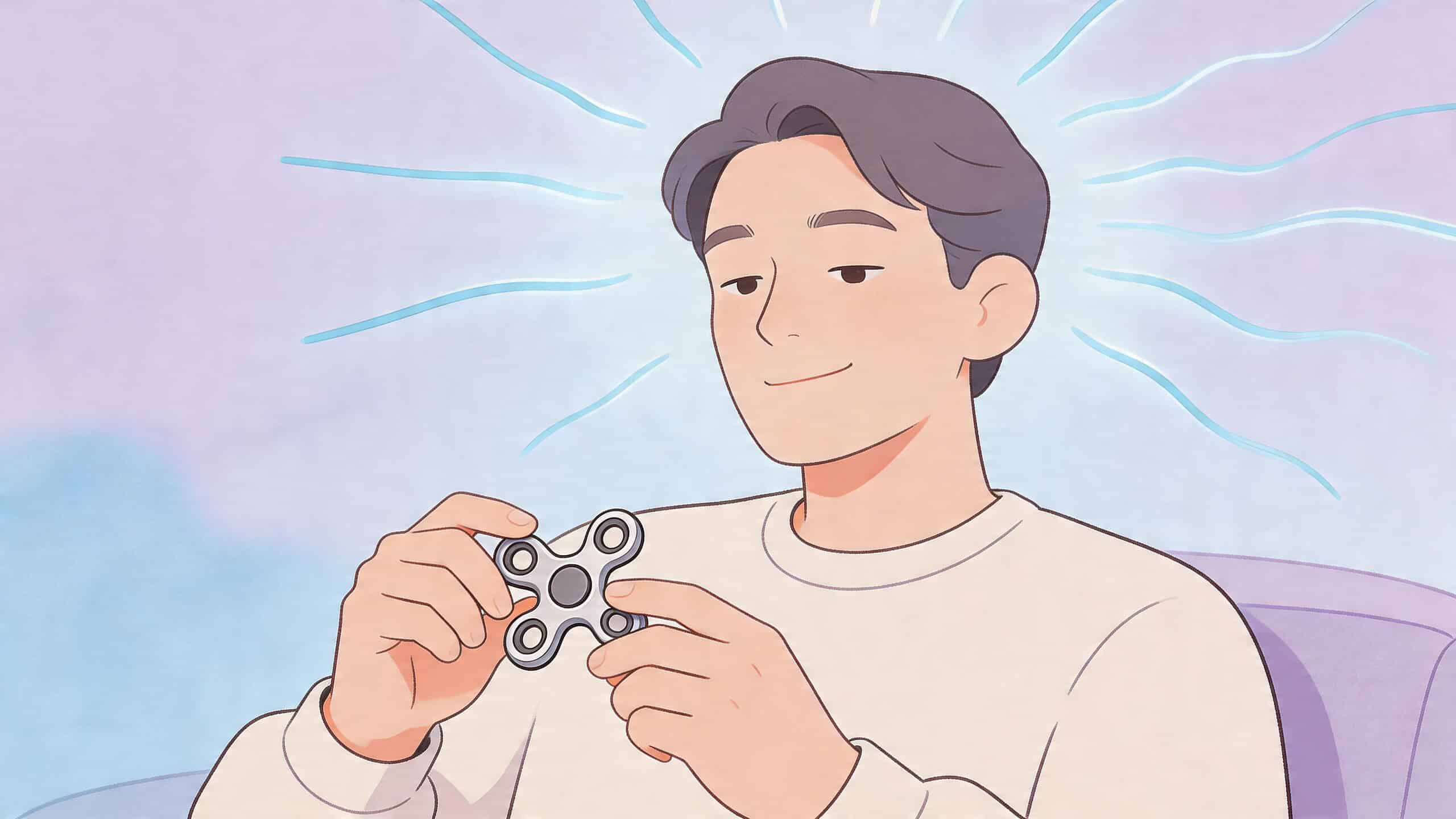 Een jonge man in een witte trui kijkt glimlachend naar een zilverkleurige fidget spinner in zijn handen.