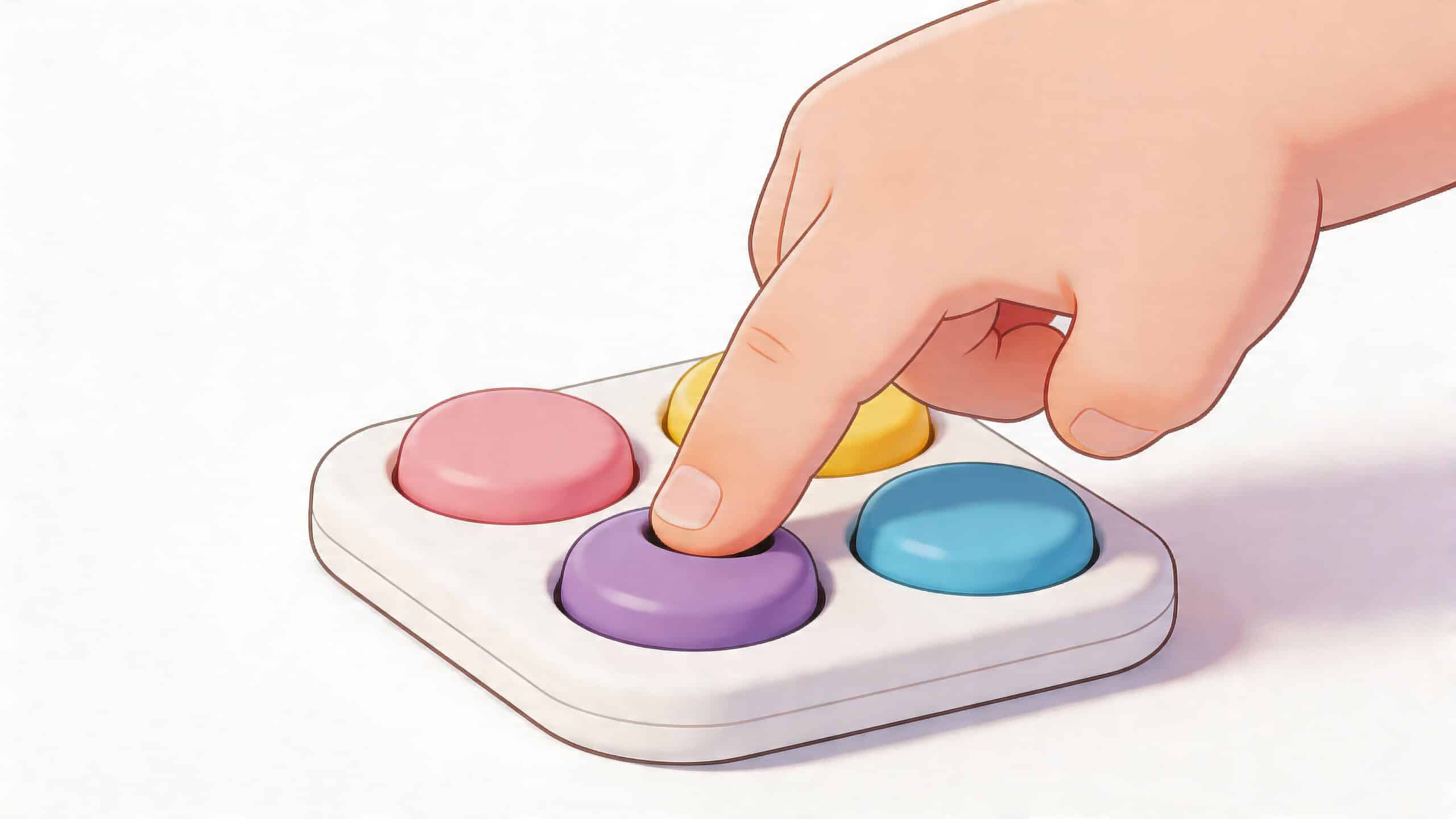 Een kinderhand die op een vrolijke, kleurrijke sensorische knop drukt op een speelgoedbordje tegen een witte achtergrond.