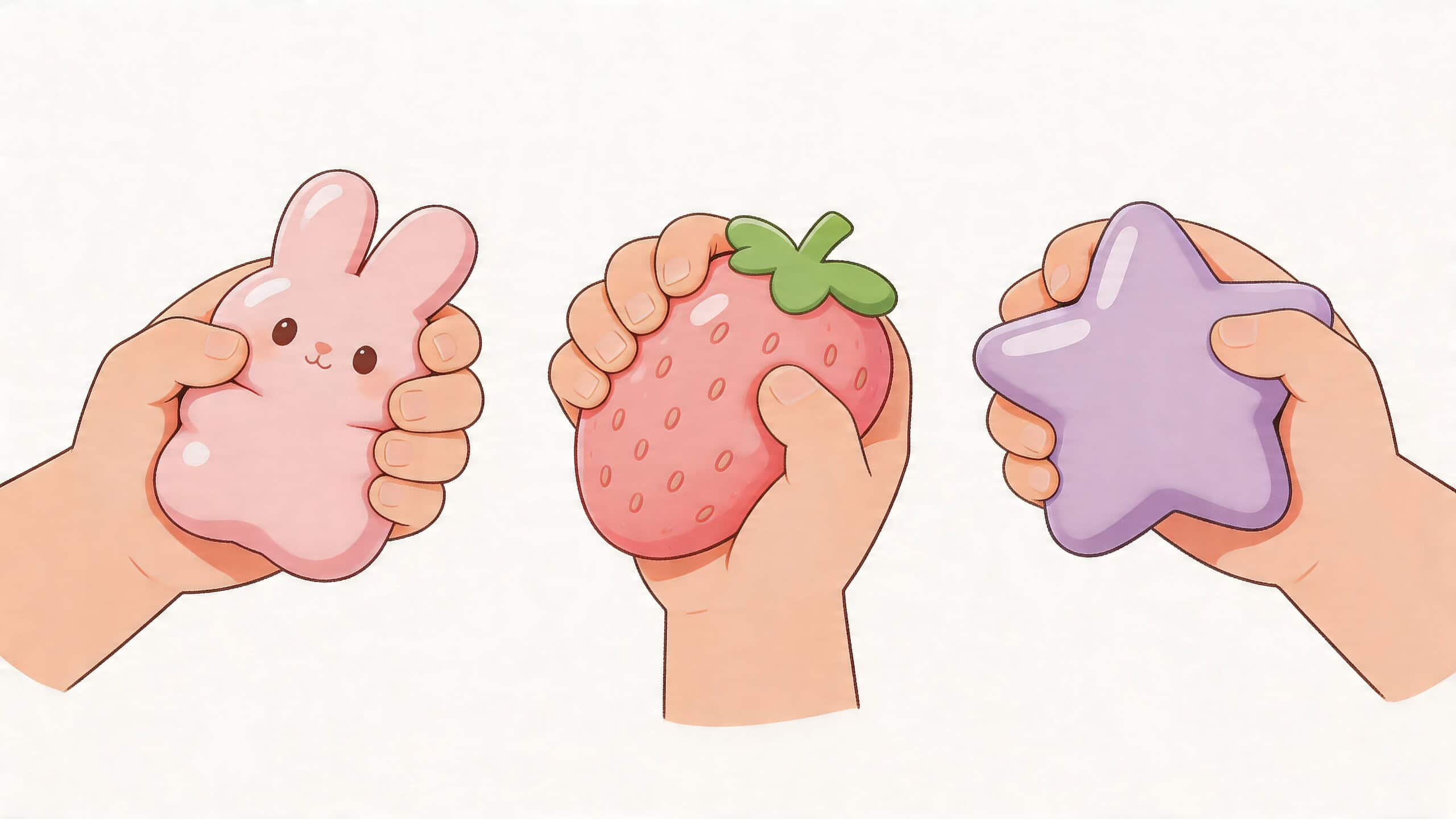 Illustratie van drie kinderhanden die kleurrijke squishy speelgoedfiguurtjes in de vorm van een konijn, aardbei en ster vasthouden.