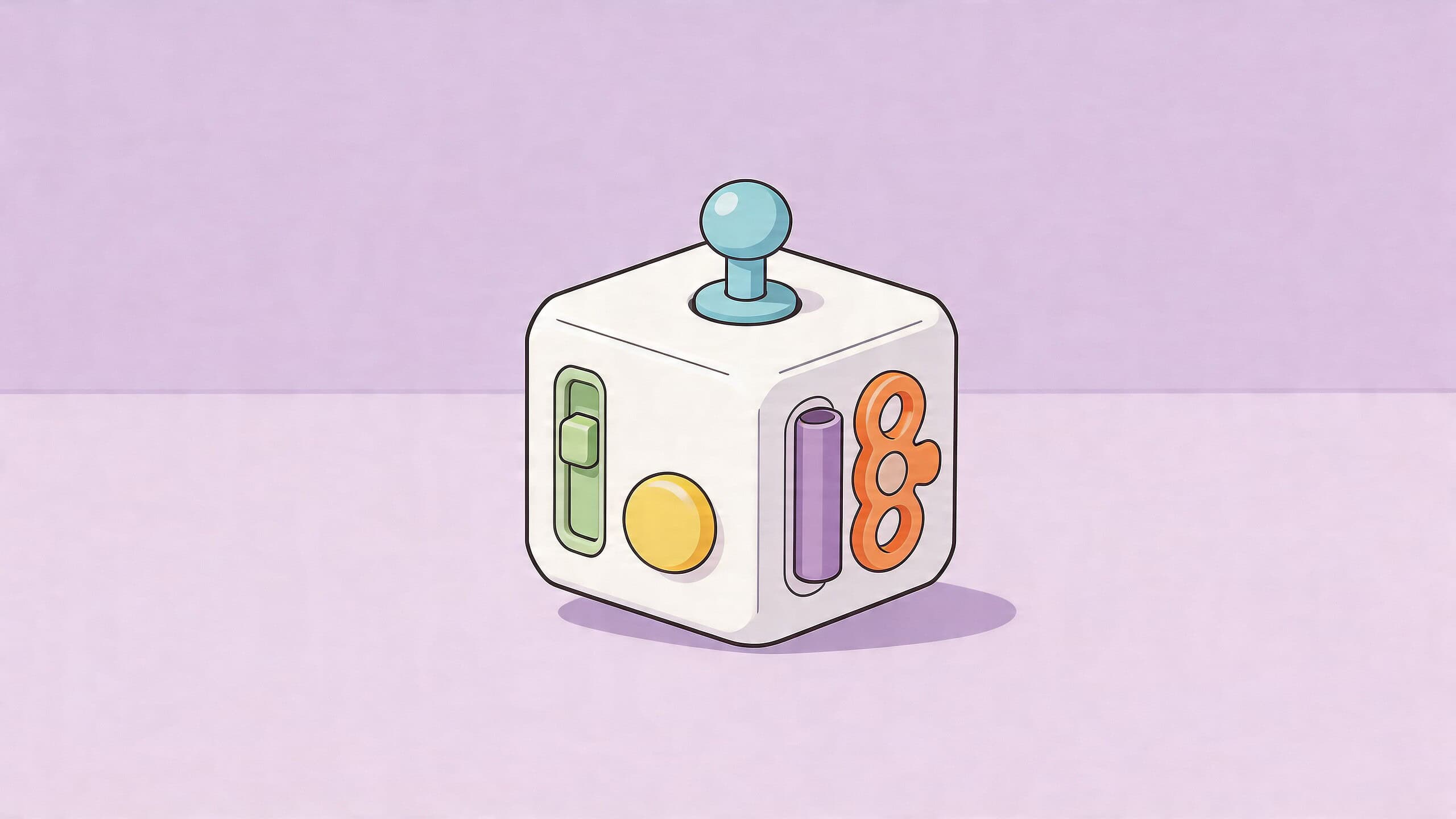 Een kleurrijke fidget cube met verschillende knoppen en functies op een zachte paarse achtergrond.