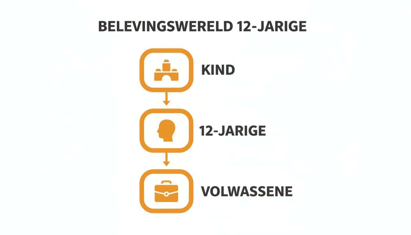 Schema van de belevingswereld van een 12-jarige, met transitie van kind via 12-jarige naar volwassene.