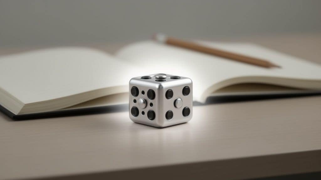 Een zilveren fidget cube op een bureau met een open notitieboek en potlood op de achtergrond.