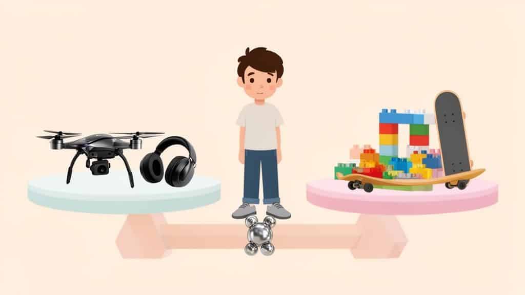 Een jongen staat tussen een drone en koptelefoon, en bouwblokken met een skateboard op een weegschaal.