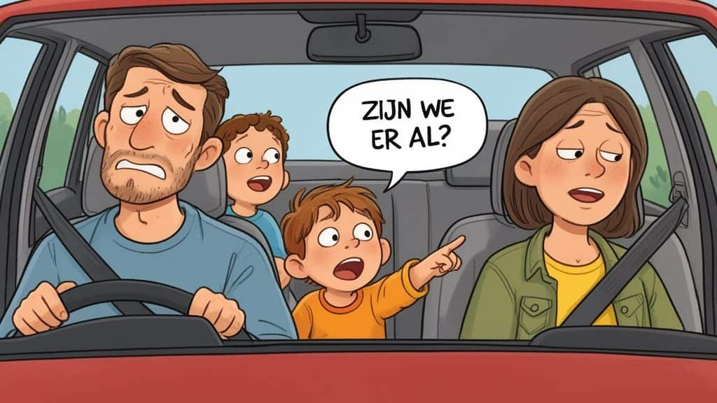 Een gezin in een auto waarbij een van de kinderen ongeduldig vraagt of ze er al zijn.